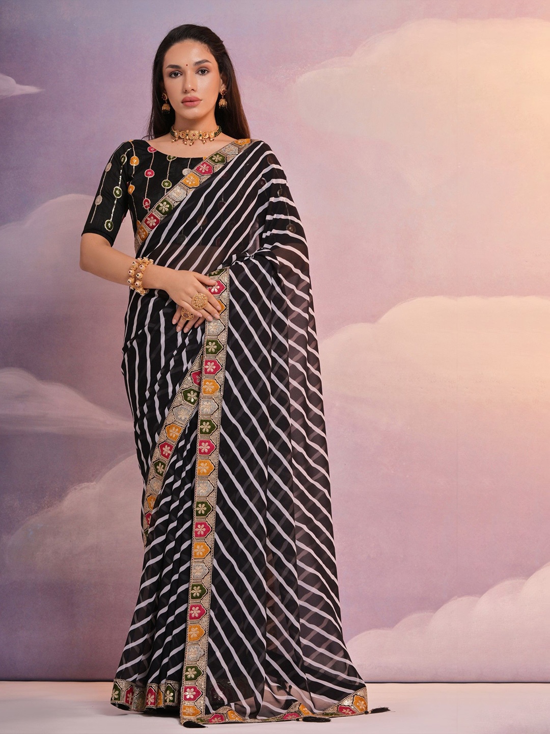 

Panzora Sequinned Embroidered Border Striped Printed Saree With Unstitched Blouse Piece, Black