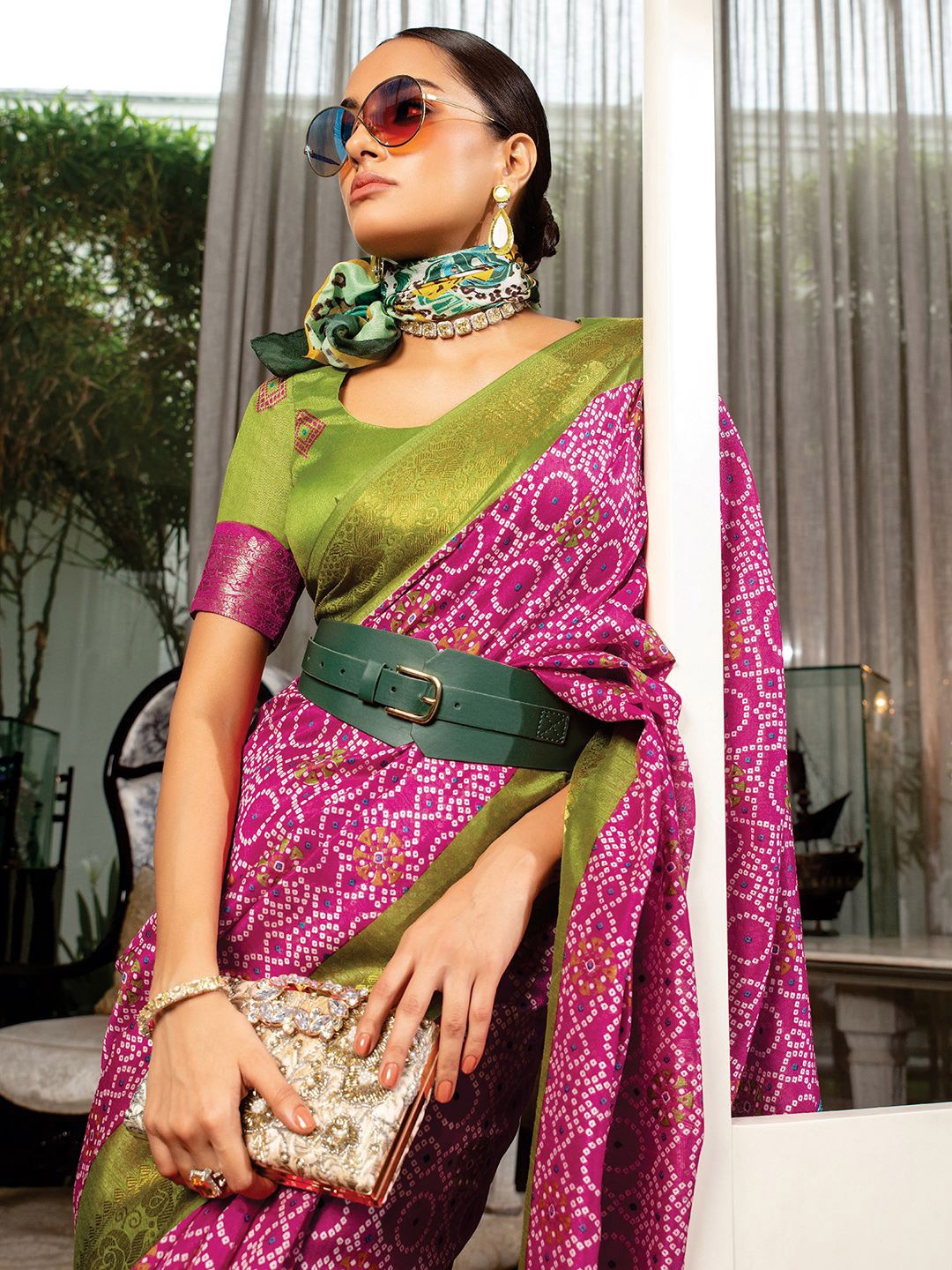 

Satrani Ethnic Motifs Zari pure silk printed Banarasi Saree, Green
