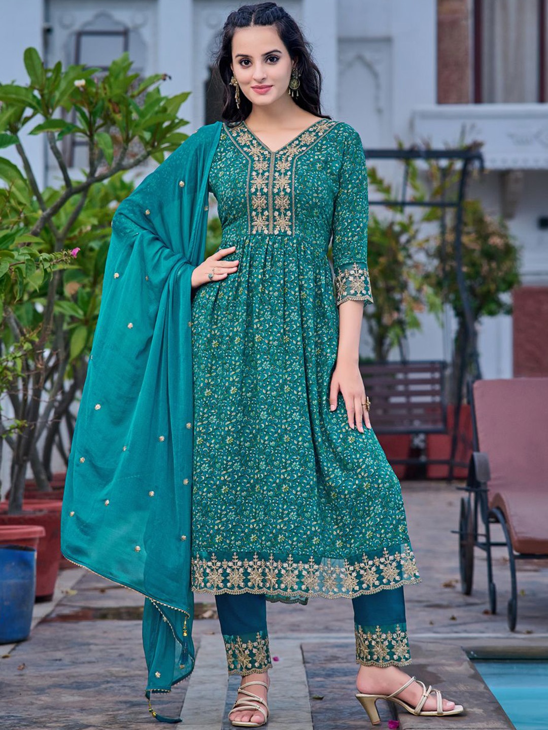 

KALINI Women Floral Embroidered Panelled Kurta with Trousers & With Dupatta, Teal