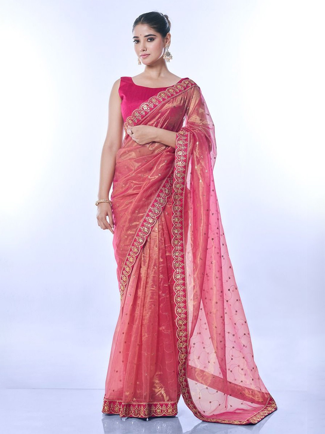 

Panzora Embellished Sequinned Net Saree, Pink