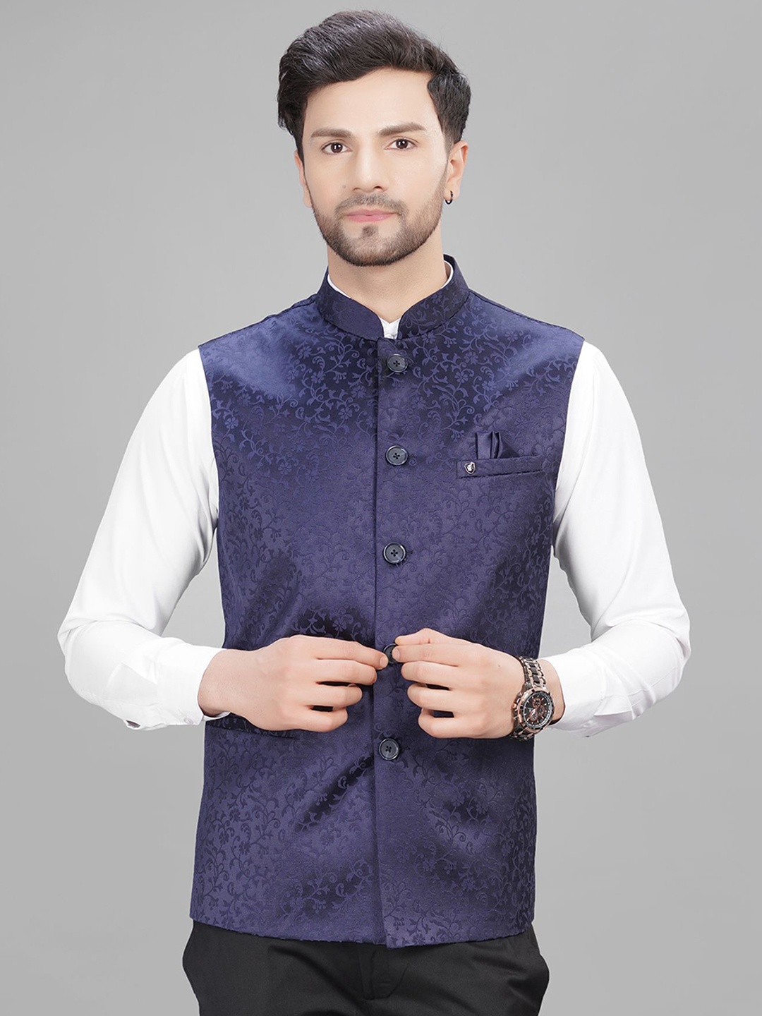 

LA'SCOOT Woven Design Nehru Jacket, Navy blue