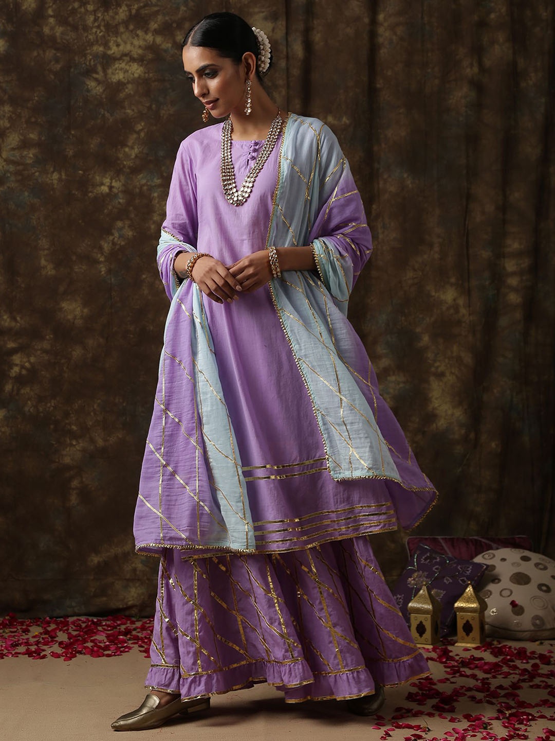 

MAISON SHEFALI Floral Embroidered Pure Cotton Anarkali Kurta with Sharara & With Dupatta, Purple