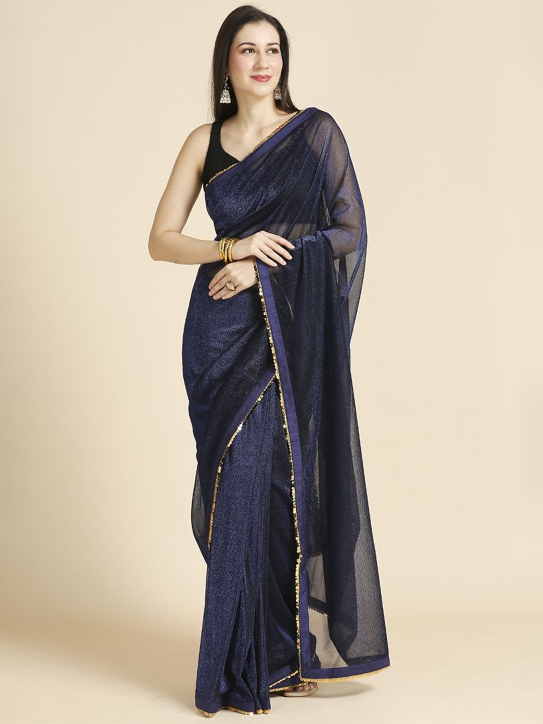 

ASISA Sequinned Embellished Saree with blouse piece, Navy blue