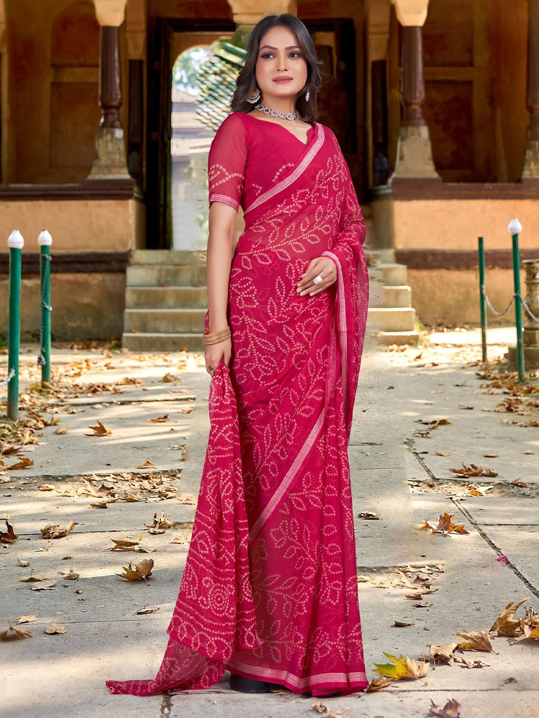 

Kalista Bandhani Pure Chiffon Bandhani Saree, Pink