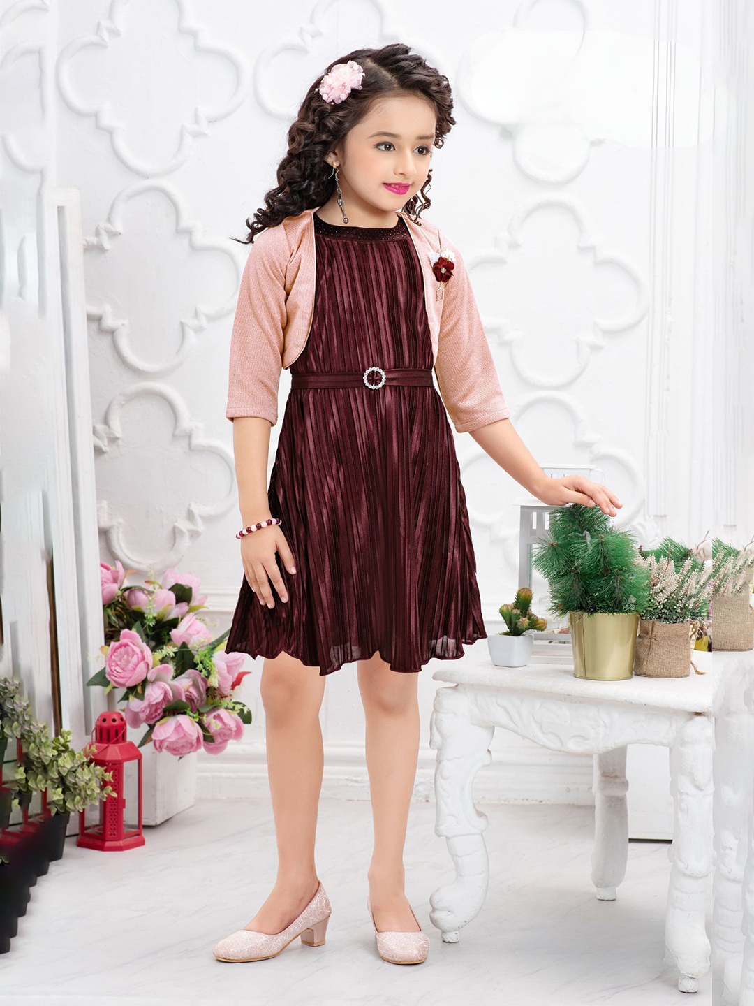 

Lagorii Round Neck Satin Fit & Flare Dress, Burgundy