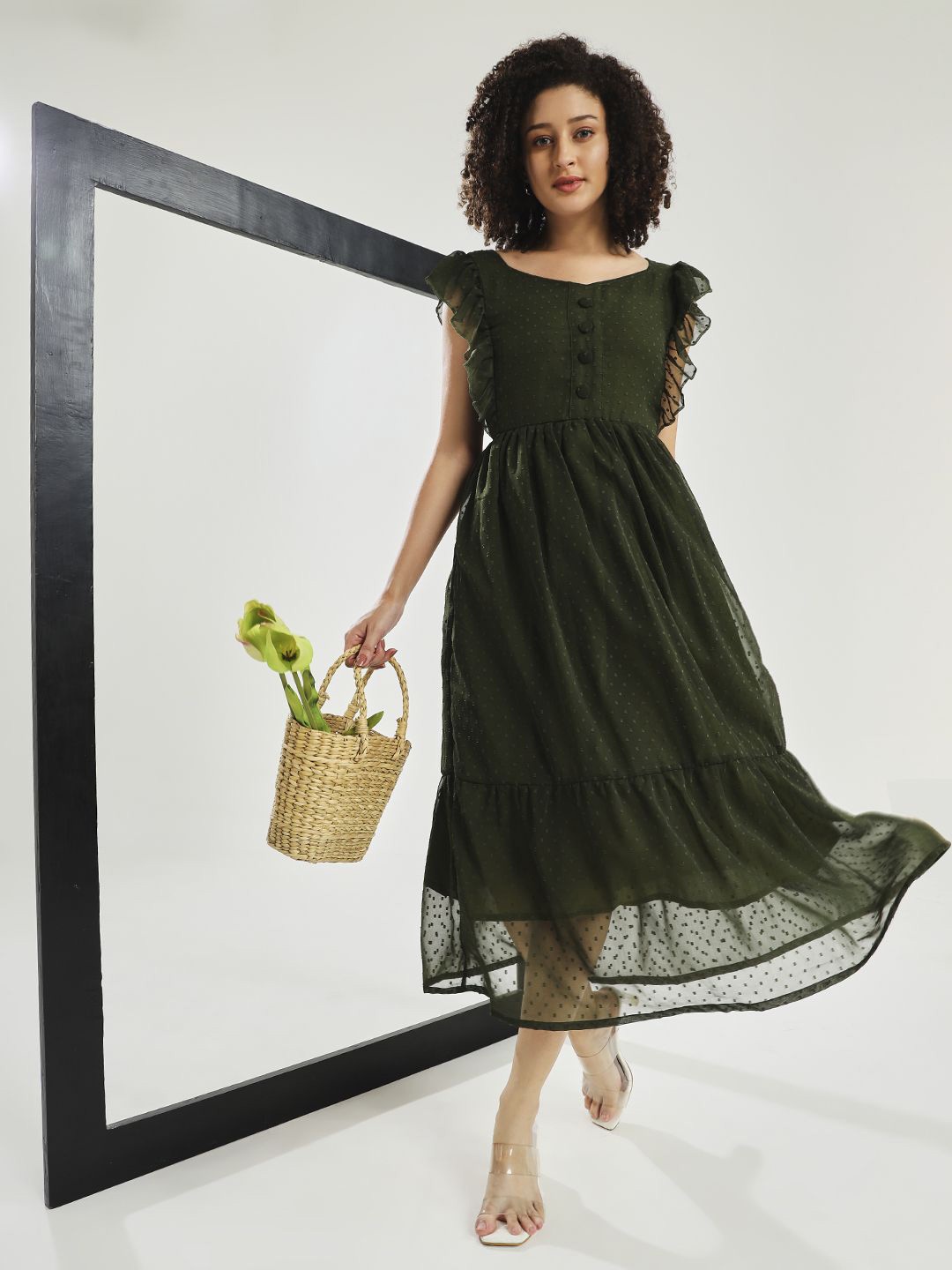 

CARTYSHOP Georgette Fit & Flare Midi Dress, Olive