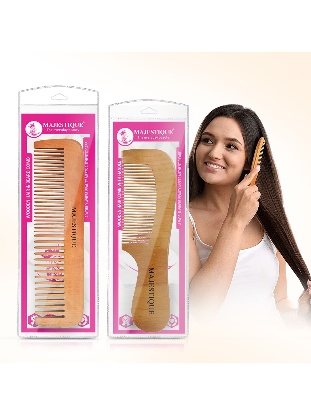 

MAJESTIQUE Set Of 2 Wooden Hair Comb, Brown