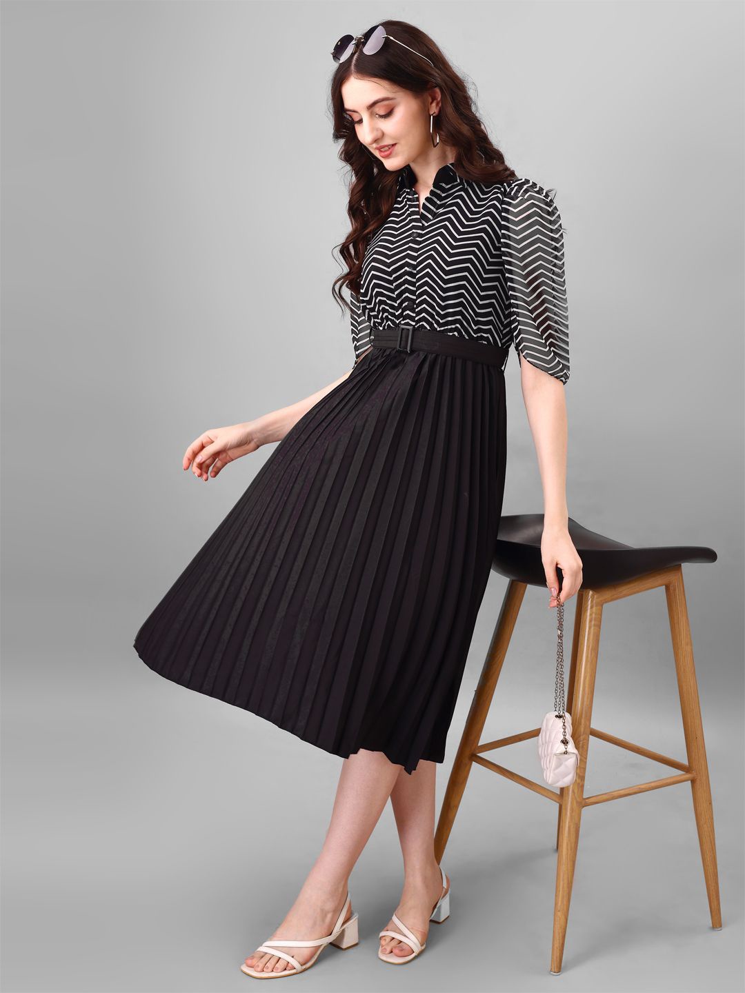 

Femvy Print Puff Sleeve Short Sleeves Shirt Collar Fit & Flare Dress, Black