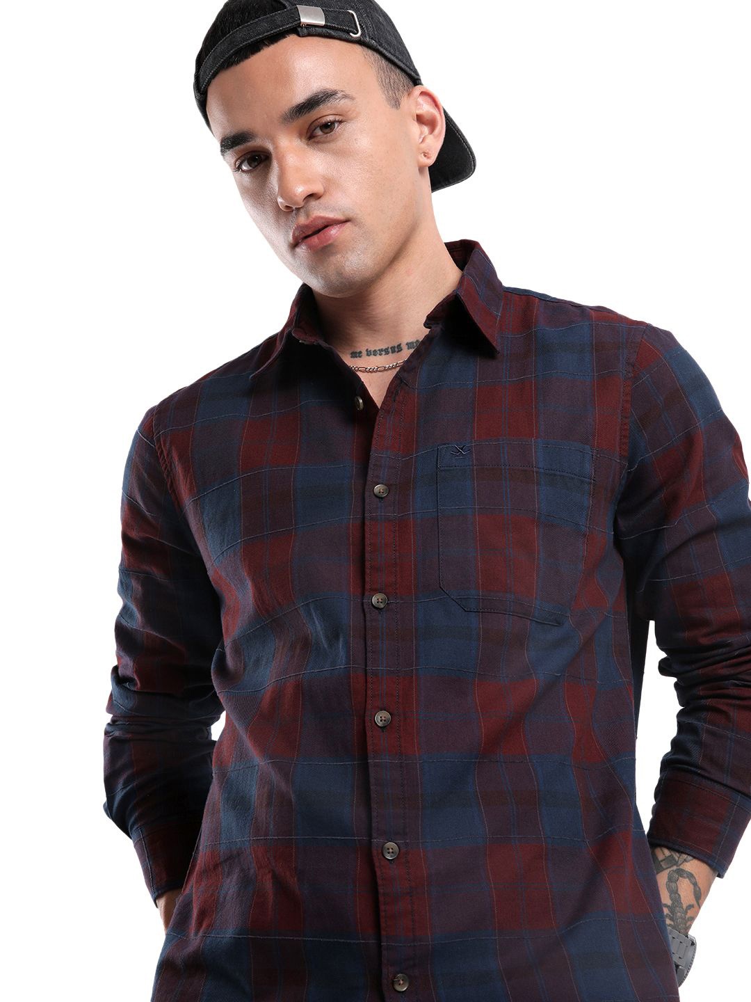 

WROGN Men Custom Opaque Checked Casual Shirt, Navy blue