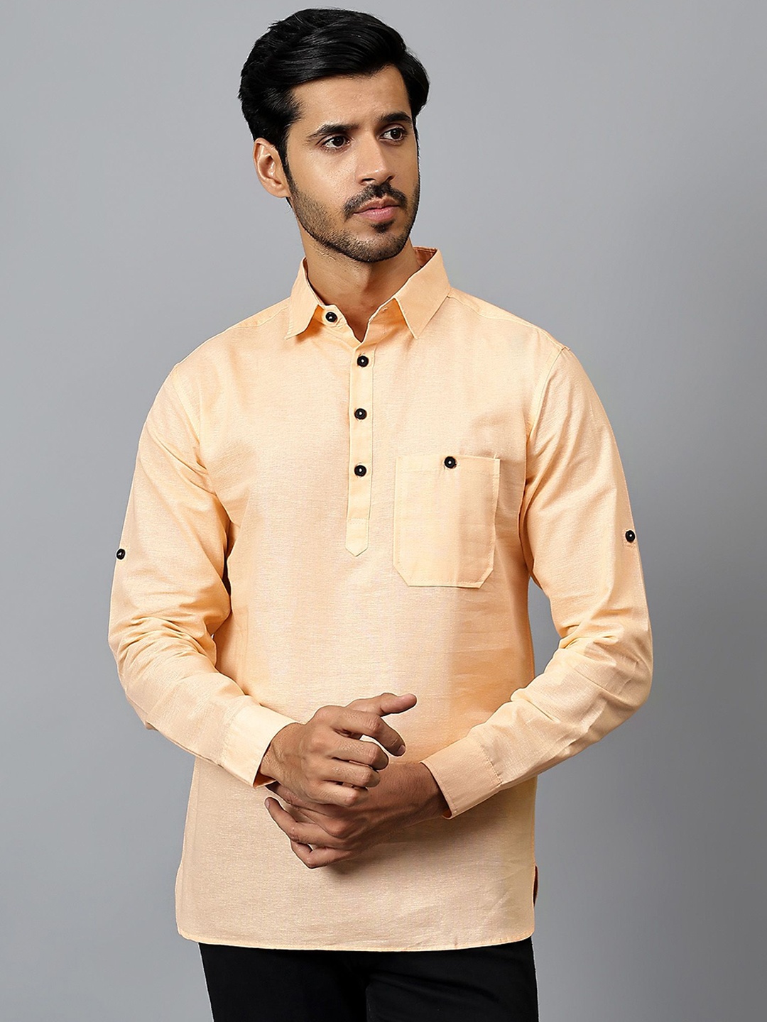 

Yugnik Spread Collar Roll-Up Sleeves Cotton Kurta, Orange