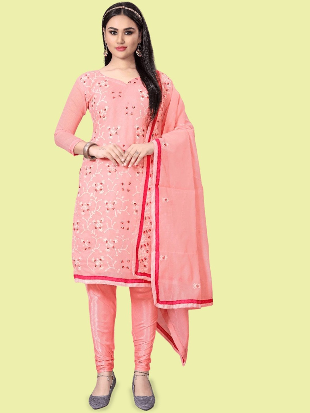 

APNISHA Floral Embroidered Unstitched Dress Material, Peach