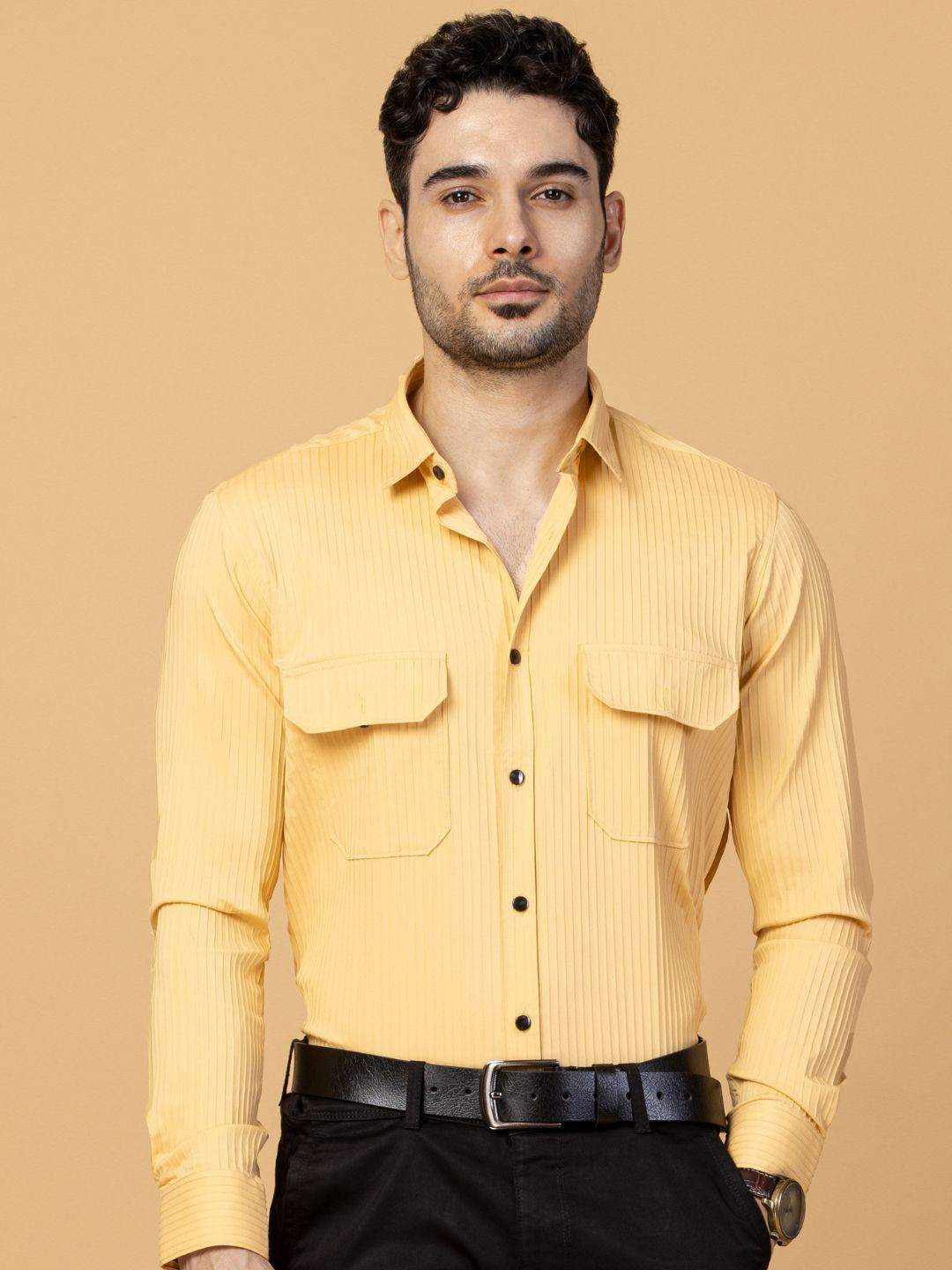 

USMC Men Smart Spread Collar Textured Cotton Slim Fit Casual Shirt, Yellow
