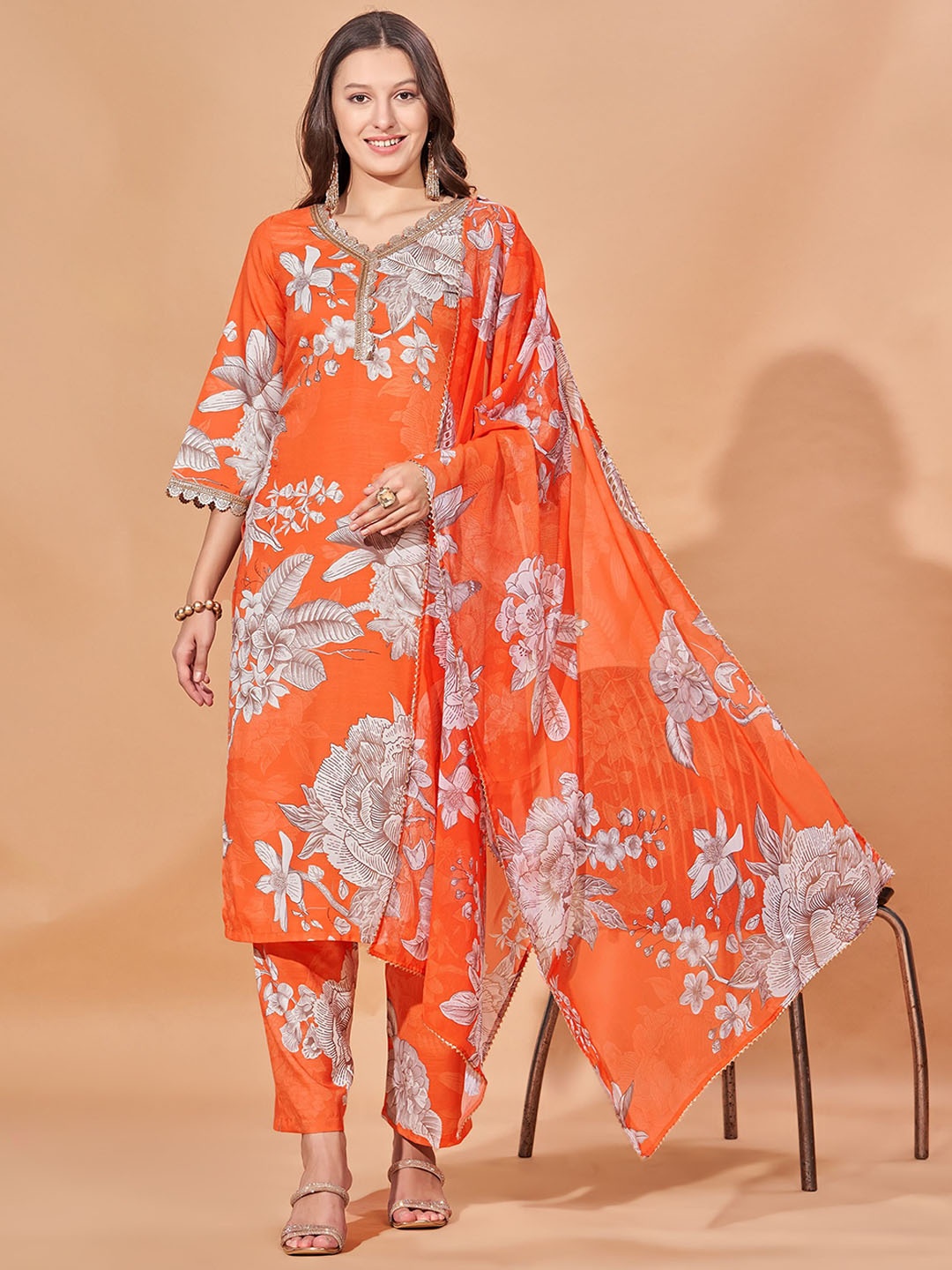 

FAB GALAXY Floral Printed Straight Gotta Patti Kurta with Trousers & Dupatta, Orange