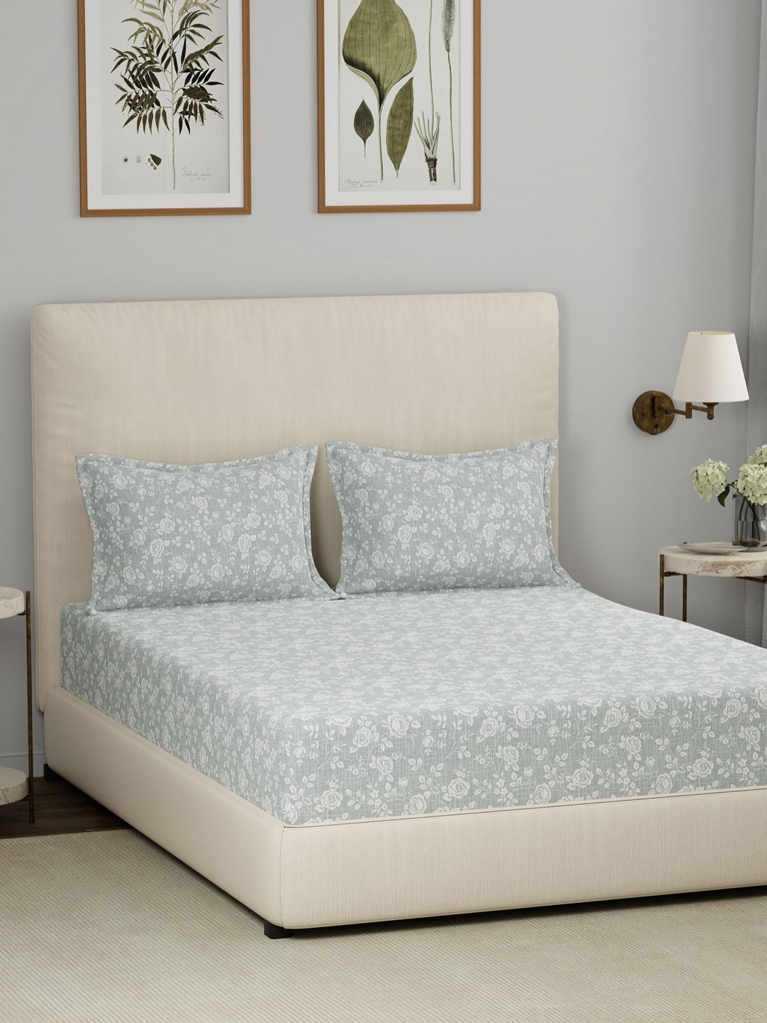 

MASPAR Eclectic Garden Green Floral Fitted 144TC Cotton Single Bedsheet & 2Pillow Covers, Grey