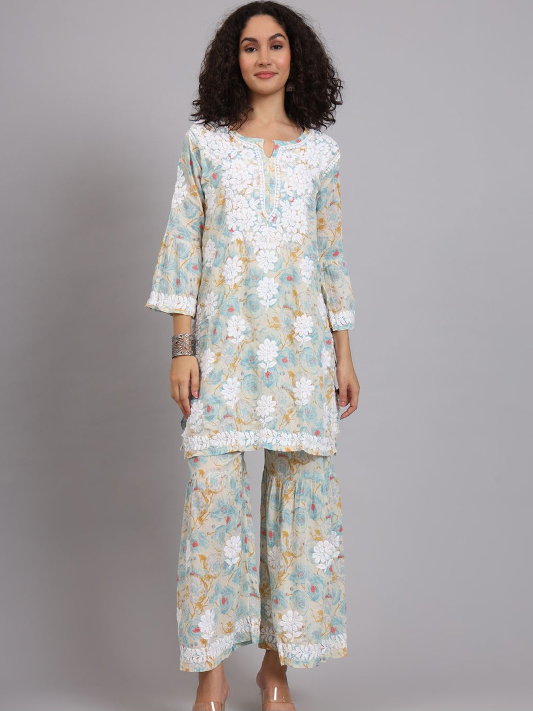 

The Chikan Label Floral Embroidered Chikankari Pure Cotton Kurta with Sharara, Blue