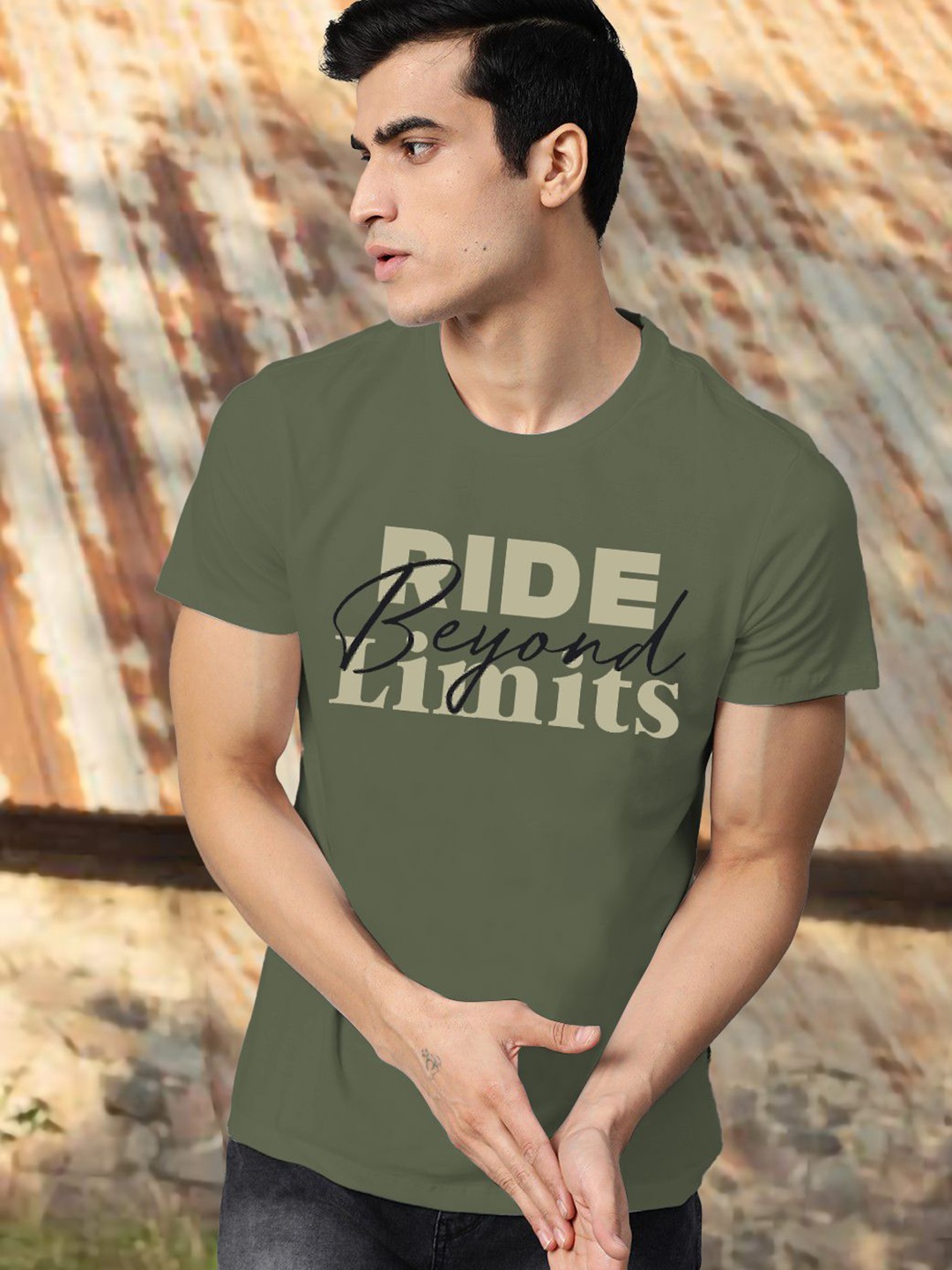 

The Roadster Lifestyle Co. Men Typography Printed Round Neck Pure Cotton T-Shirt, Olive