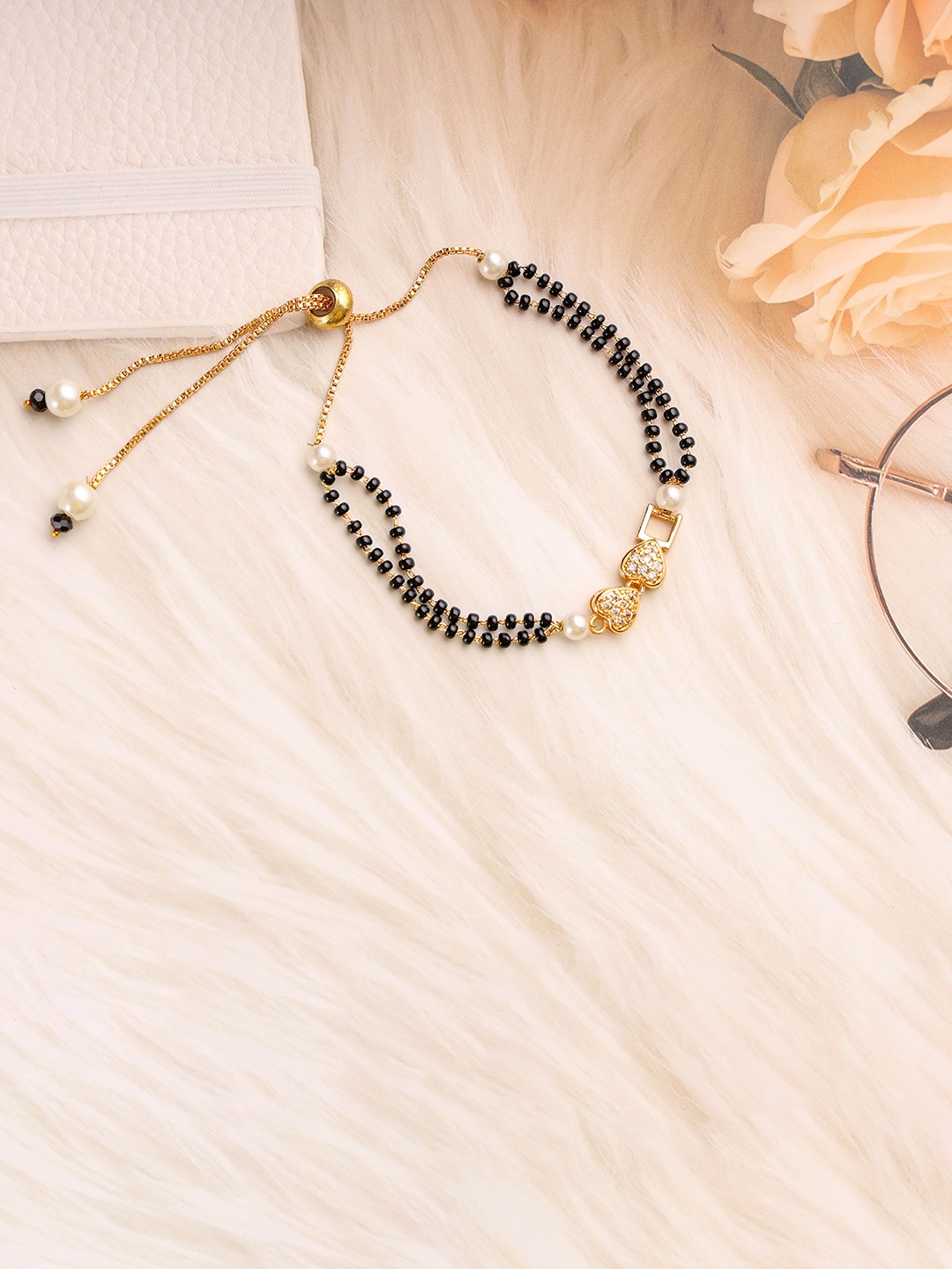 

Mali Fionna Gold-Plated Stones Studded and Beaded Heart Shaped Mangalsutra Bracelet