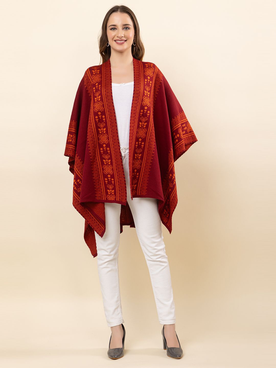 

Anouk Maroon Floral Printed Winter Open Front Shrug