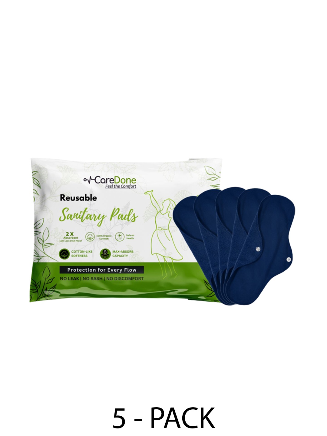 

CareDone Set Of 5 Reusable 100% Organic Cotton Sanitary Cloth Pads - XL, Navy blue