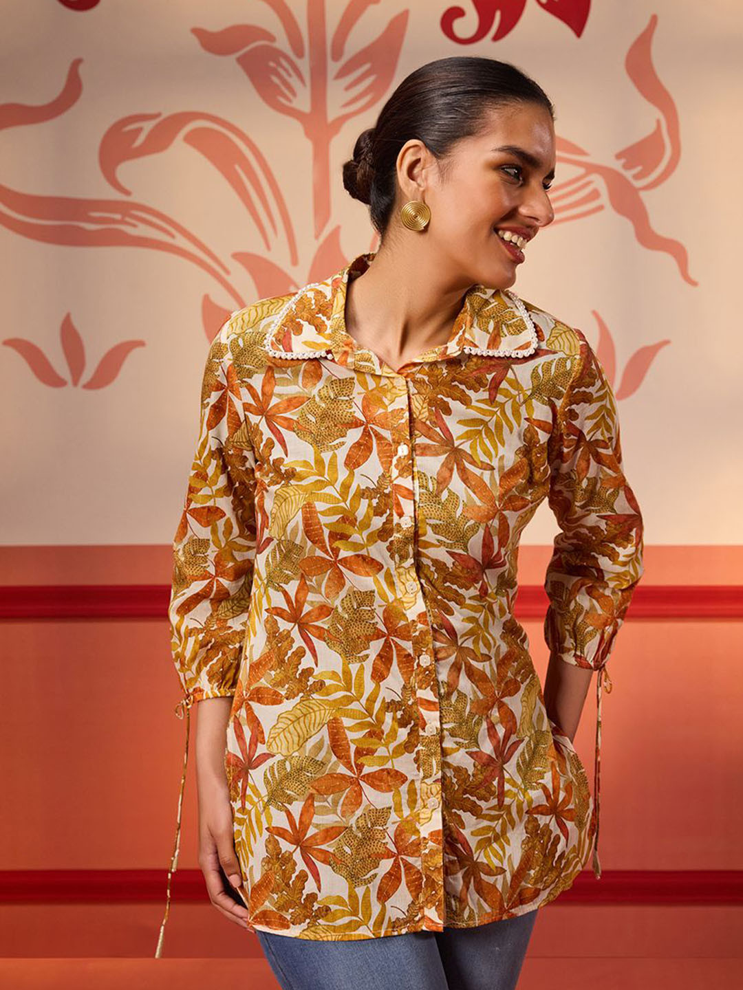

Lakshita Women Premium Spread Collar Floral Printed Cotton Casual Shirt, Mustard