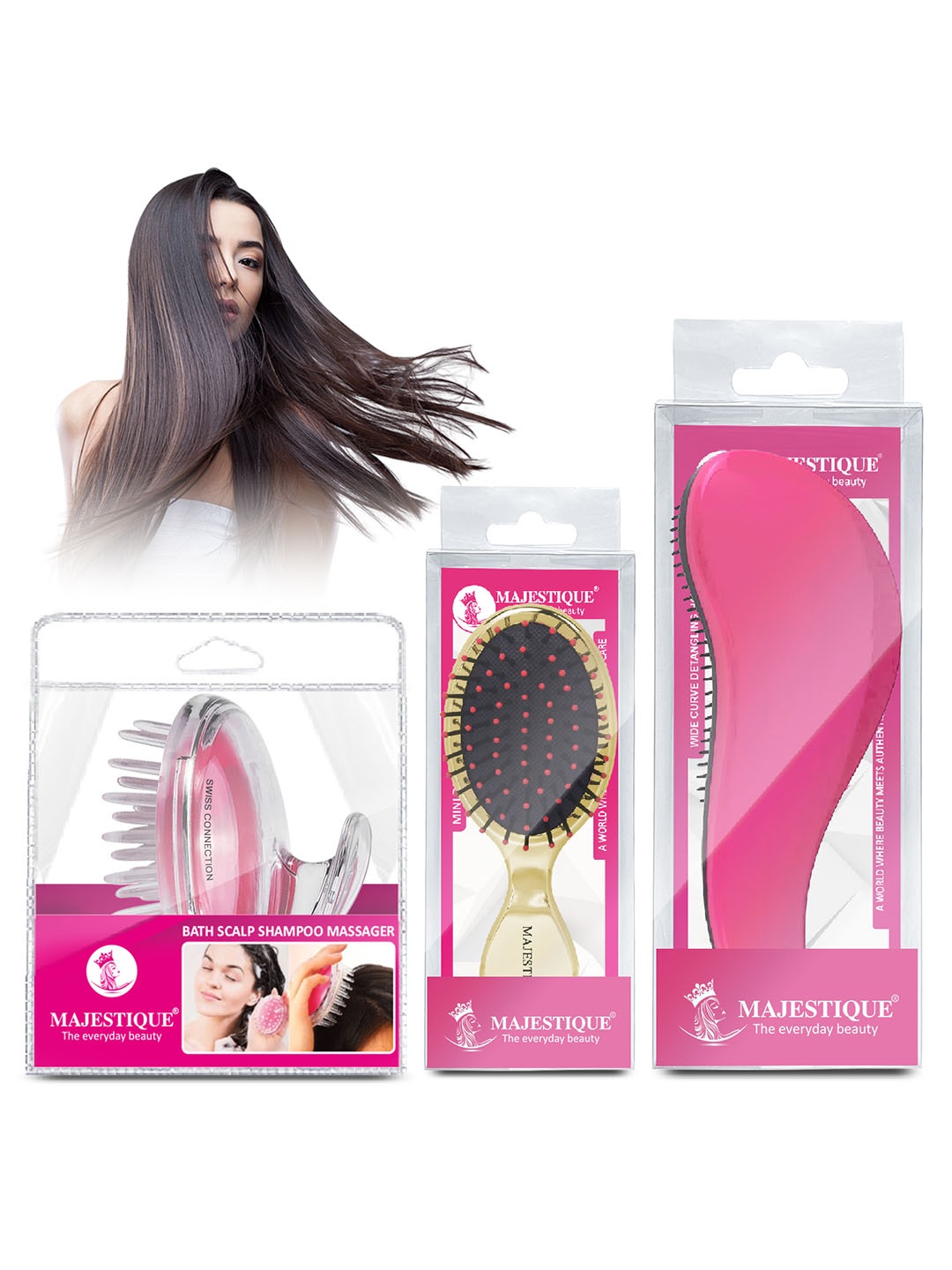 

MAJESTIQUE Set of 3 Hair Brushes with Scalp Massager, Pink