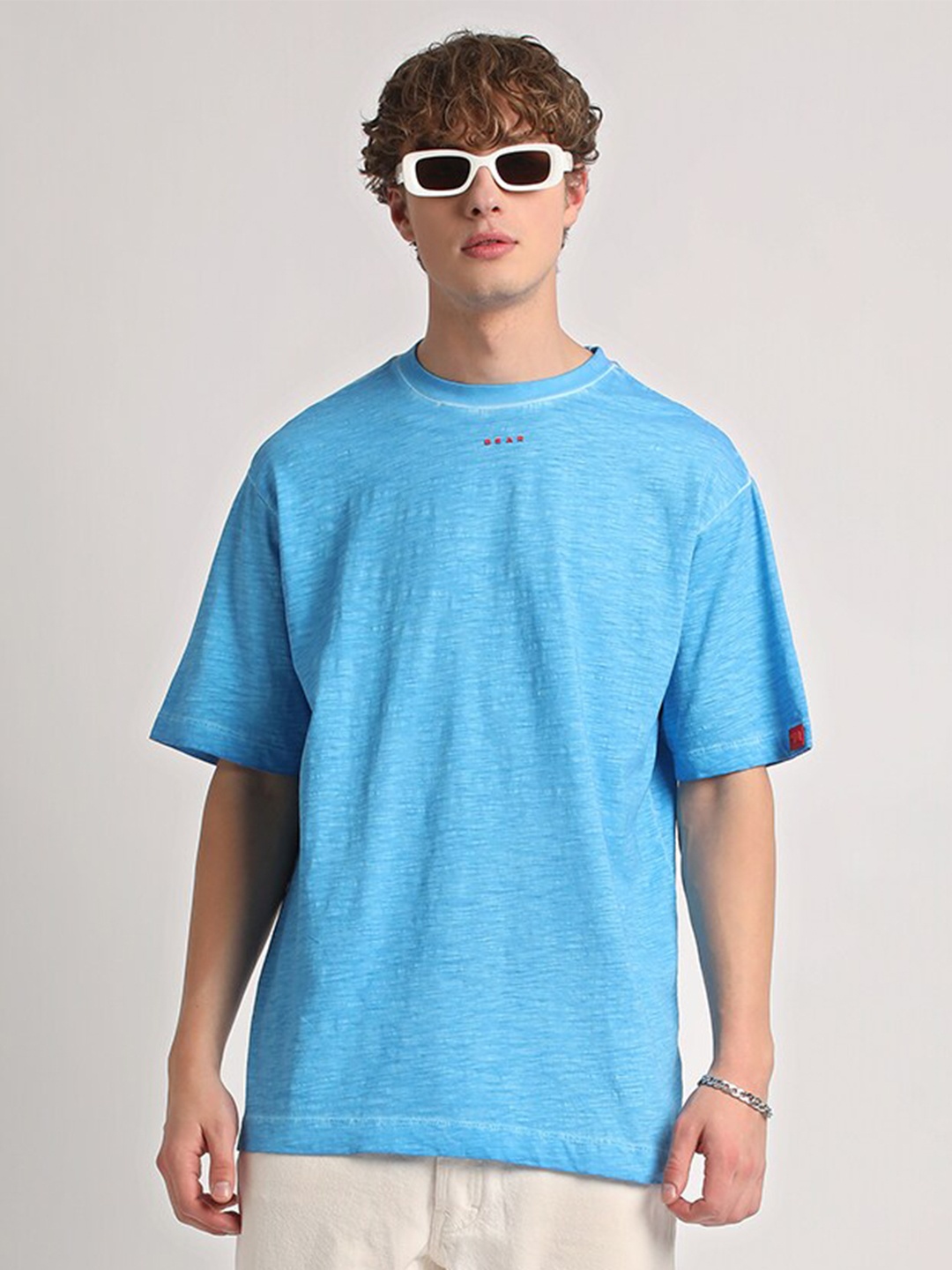

THE BEAR HOUSE Round Neck Drop-Shoulder Pure Cotton Baggy T-shirt, Blue