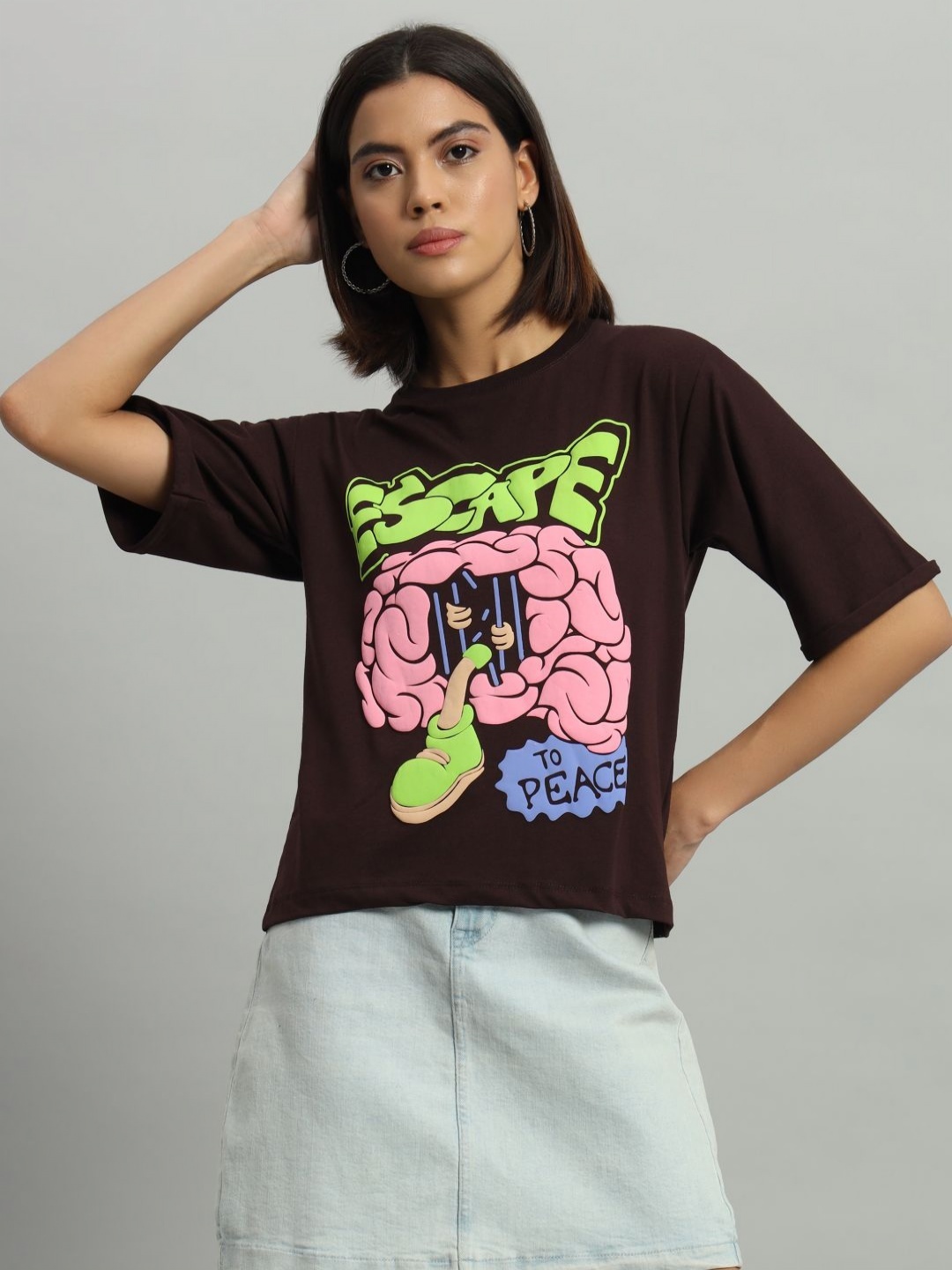 

AECK Women Graphic Printed Round Neck Cotton T-Shirt, Coffee brown