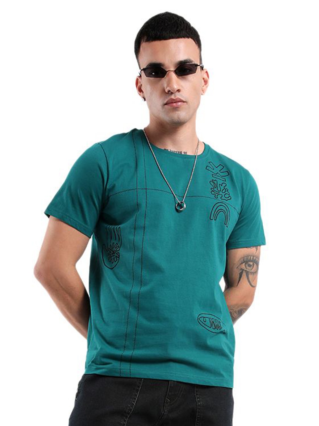

WROGN Men Abstract Printed Round Neck Cotton Slim Fit T-Shirt, Blue