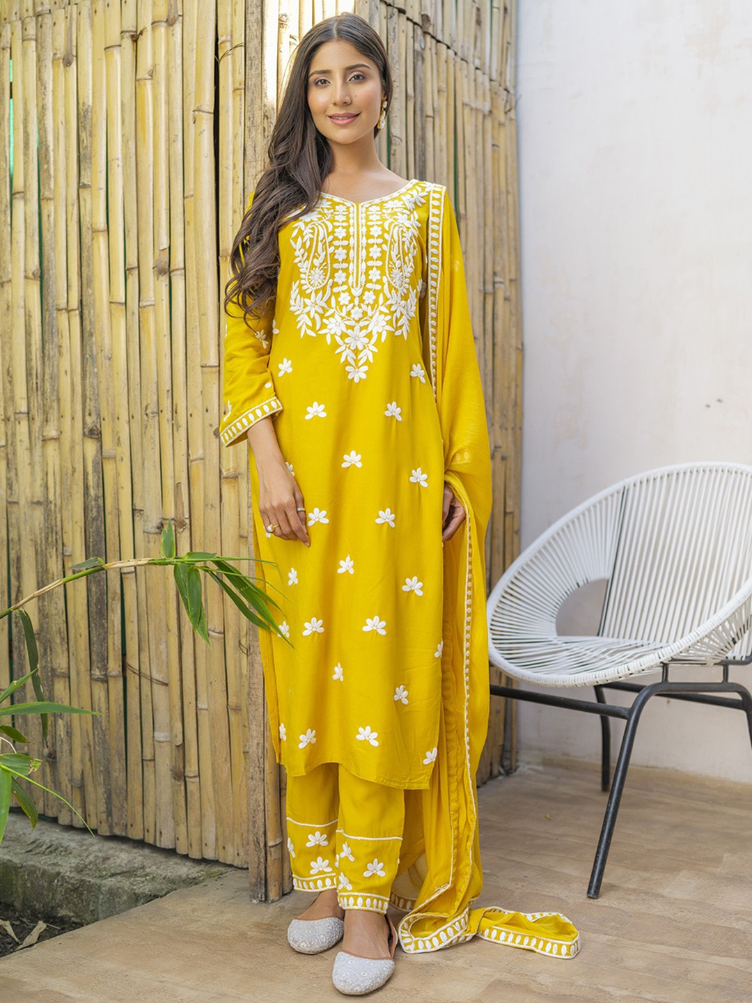 

House of Pataudi Embroidered Straight Kurta Set, Mustard