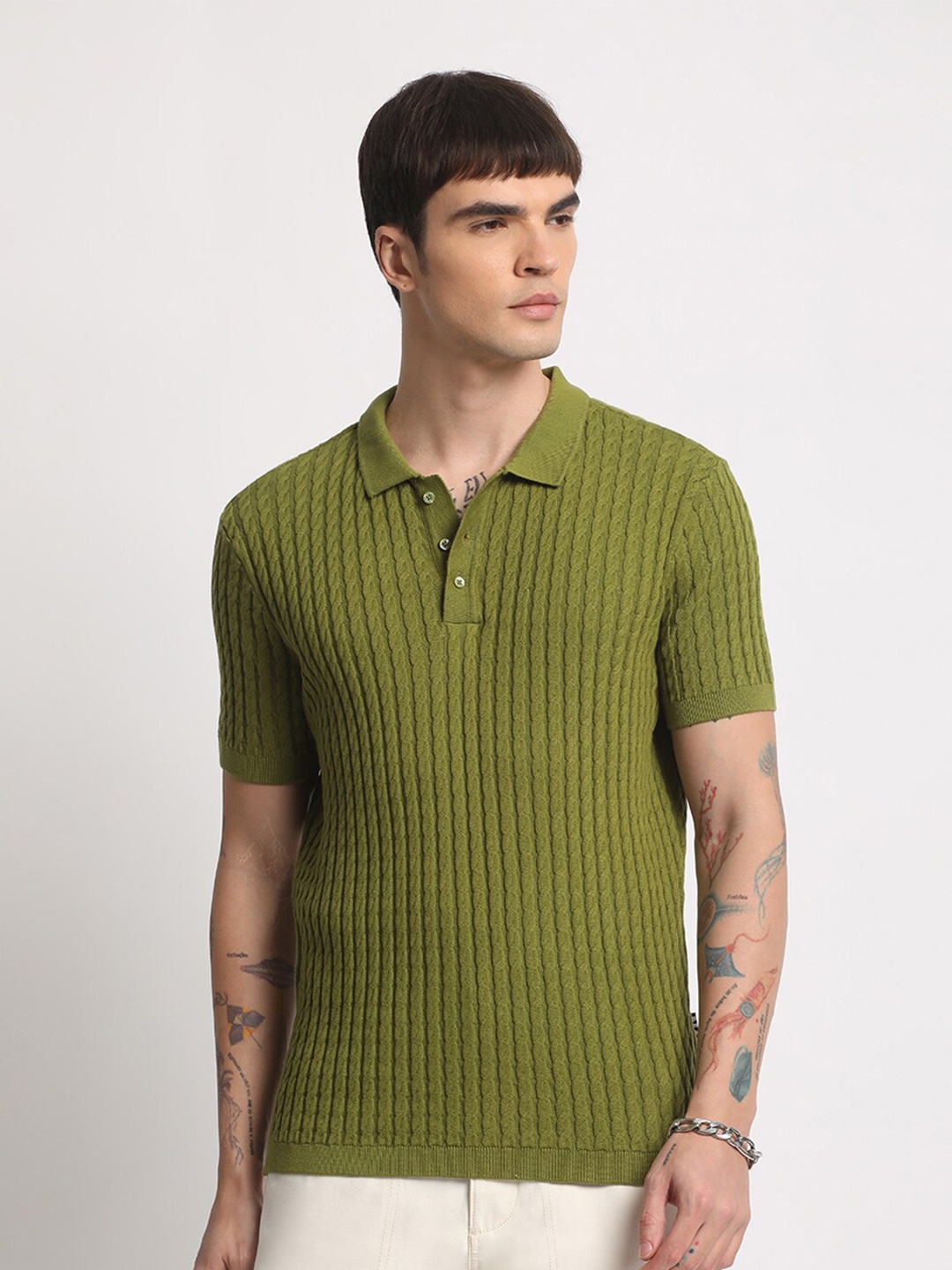 

THE BEAR HOUSE Striped Polo Collar Pure Cotton T-shirt, Green