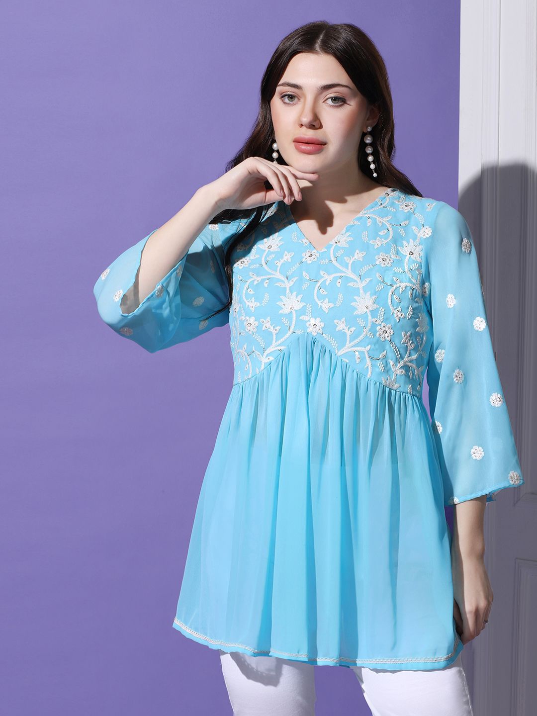 

BAESD Embellished Print Georgette Top, Blue