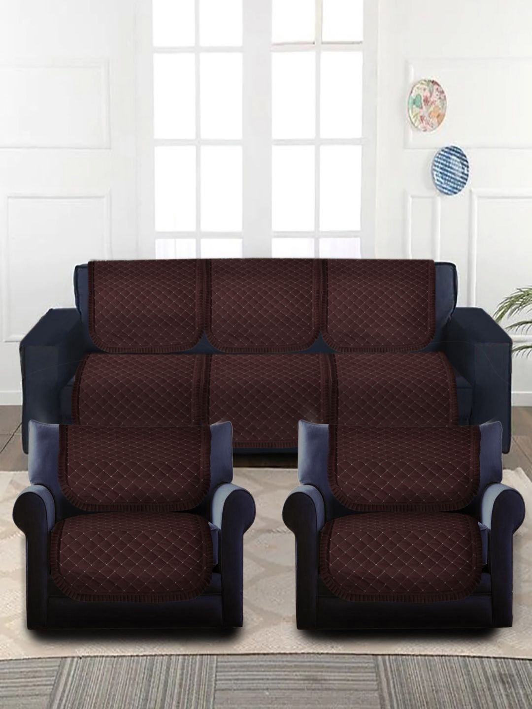 

MULTITEX Brown 10 Pieces Checked Quilted Velvet Sofa Cover