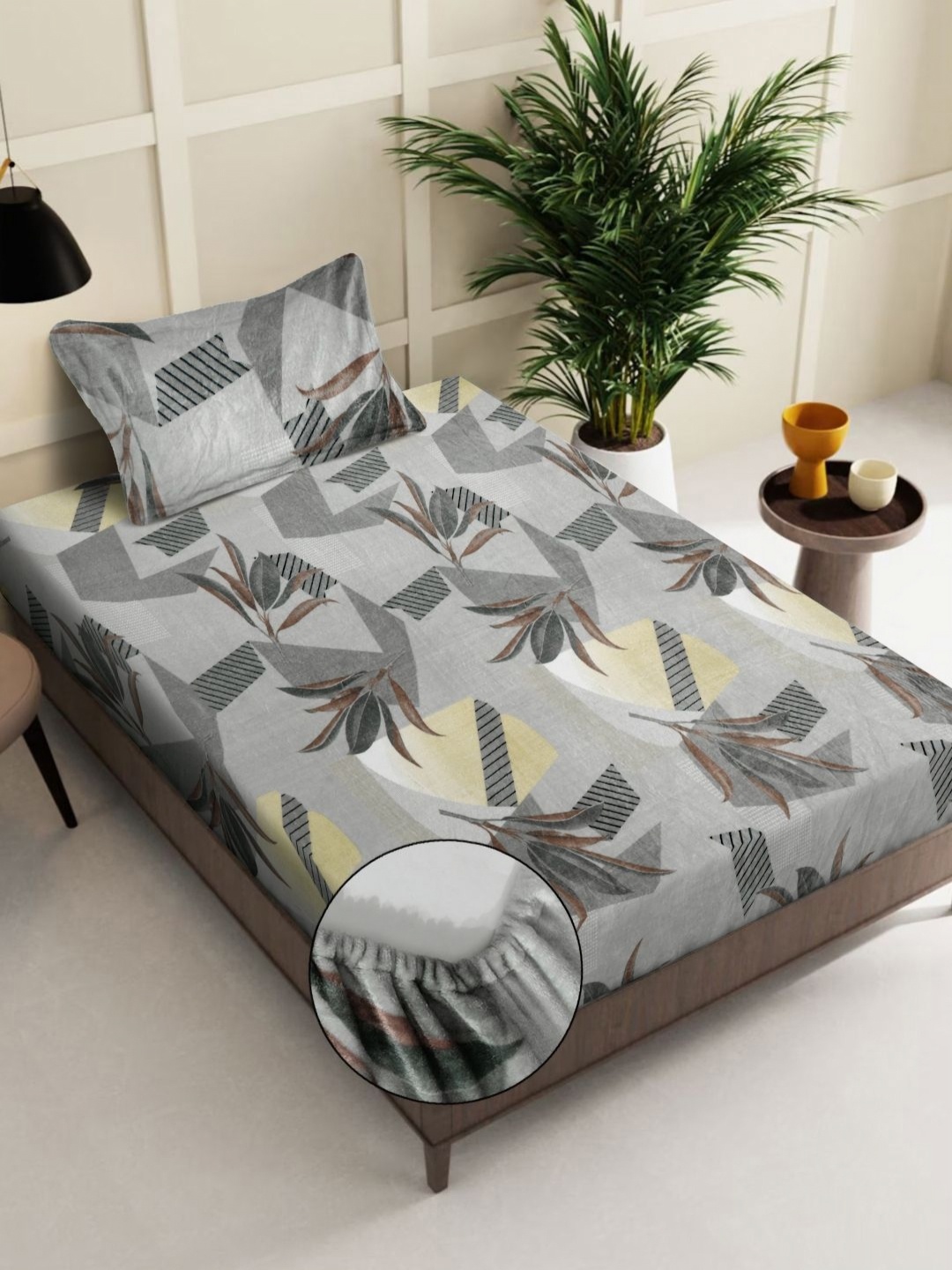 

KLOTTHE Grey & Brown Printed 300 TC Woolen Fitted Single Bed Sheet with Pillow Cover