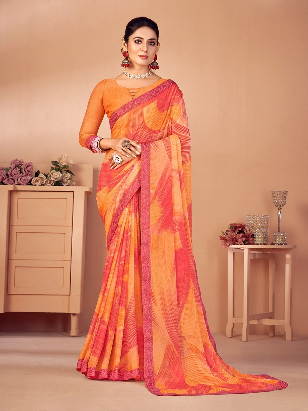 

Panzora Woven Design Printed With Banarasi Border Saree, Orange