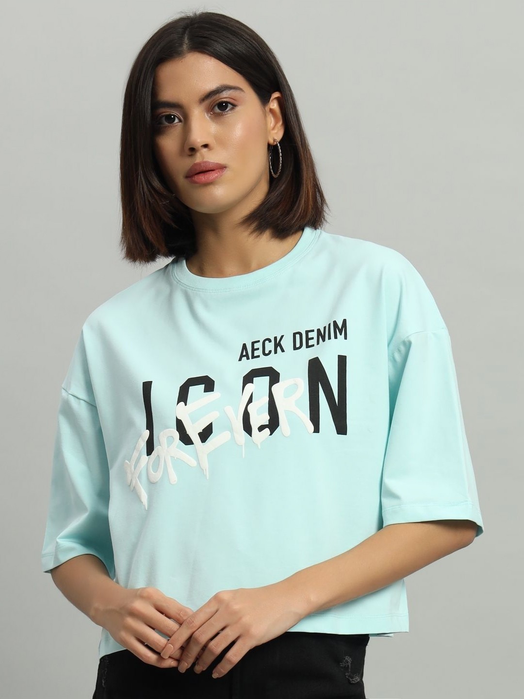 

AECK Women Typography Printed Round Neck Cotton T-Shirt, Blue