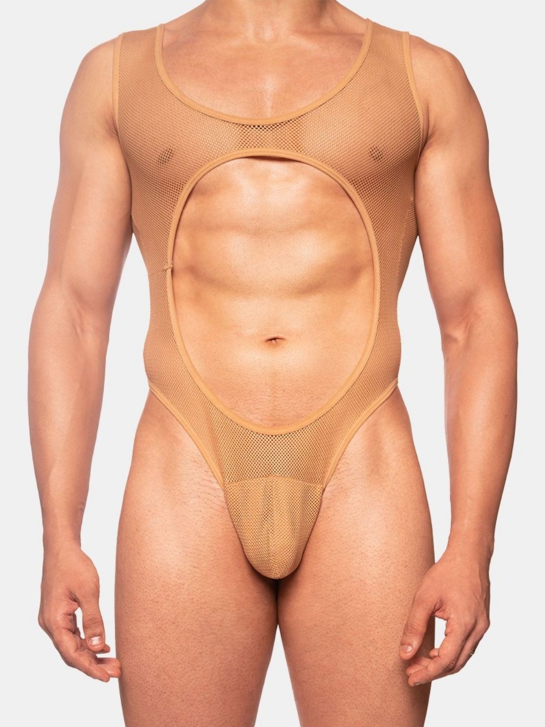 

EROBOLD Round Neck Show Your Abs Slim Fit Bodysuit, Tan