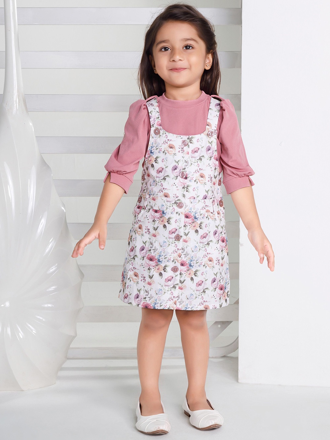 

Peppermint Infant Girls Floral Printed Dungarees, Peach