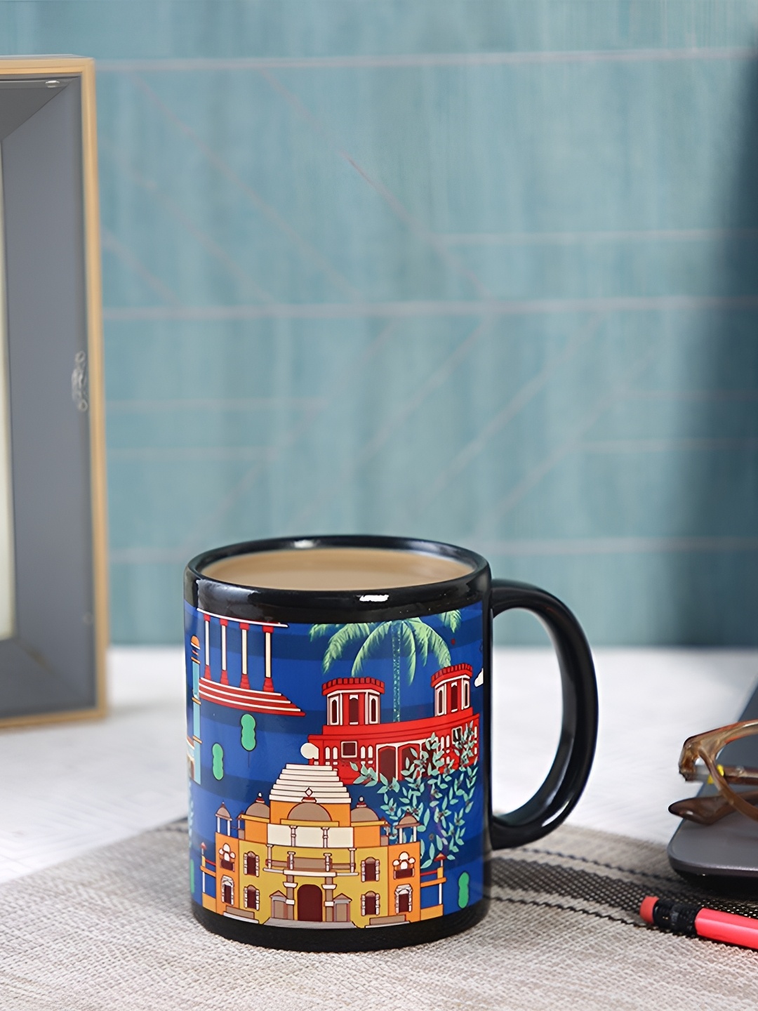 

PENTADECO Black & Blue Printed Ceramic Glossy Coffee Mug