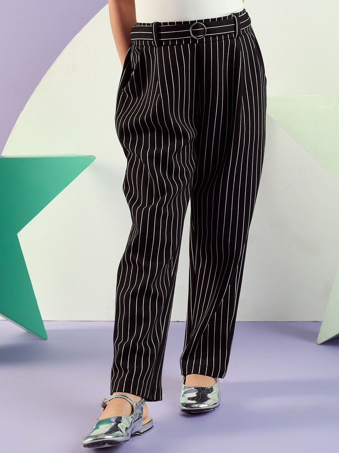 

Peppermint Girls Striped Straight Fit Pleated Trousers, Black