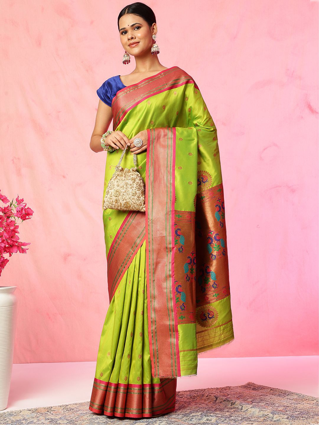 

JUST FASHION Ethnic Motifs Zari Paithani Saree, Lime green