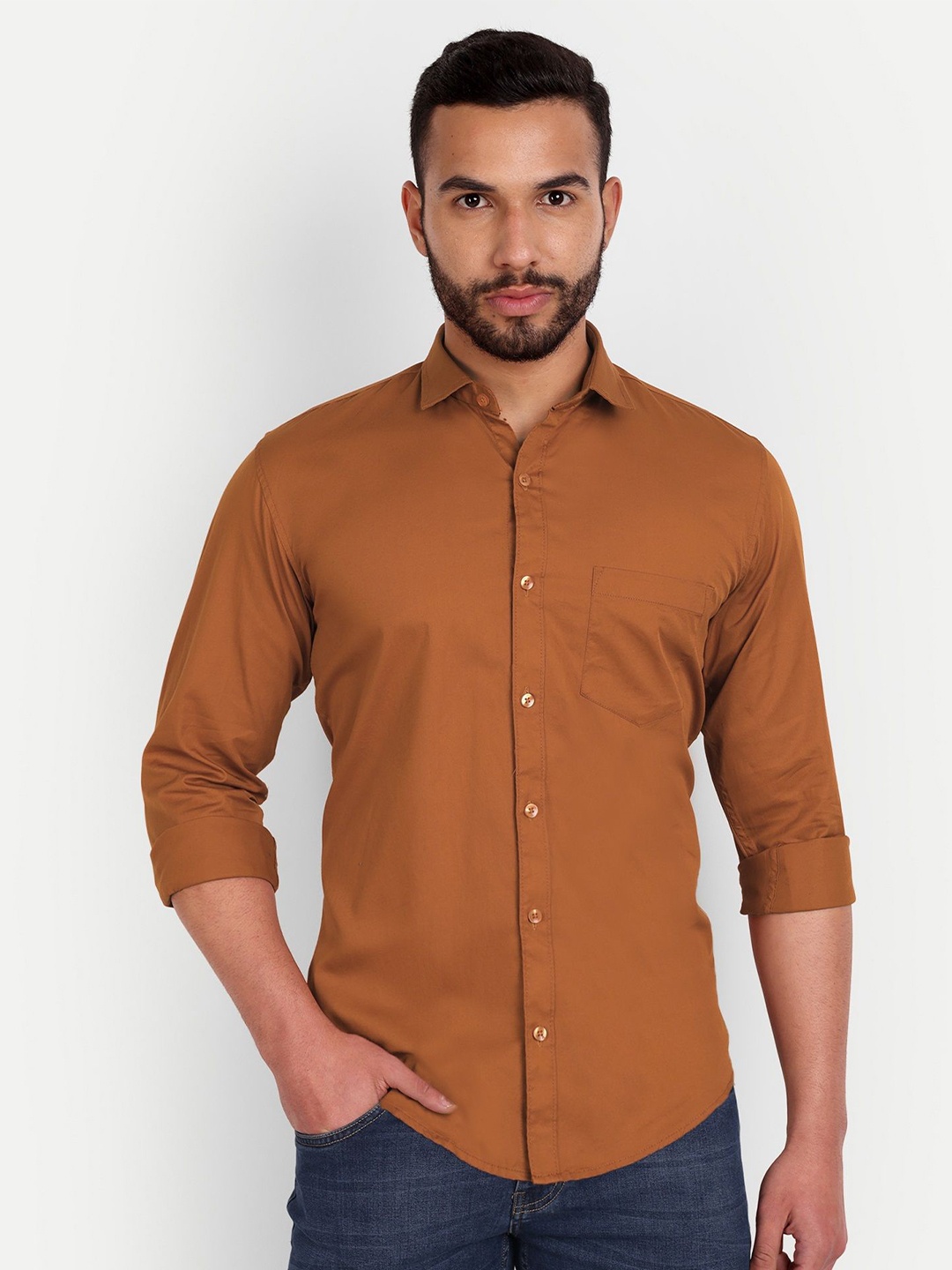 

MEGHZ Men Slim Fit Opaque Casual Shirt, Copper