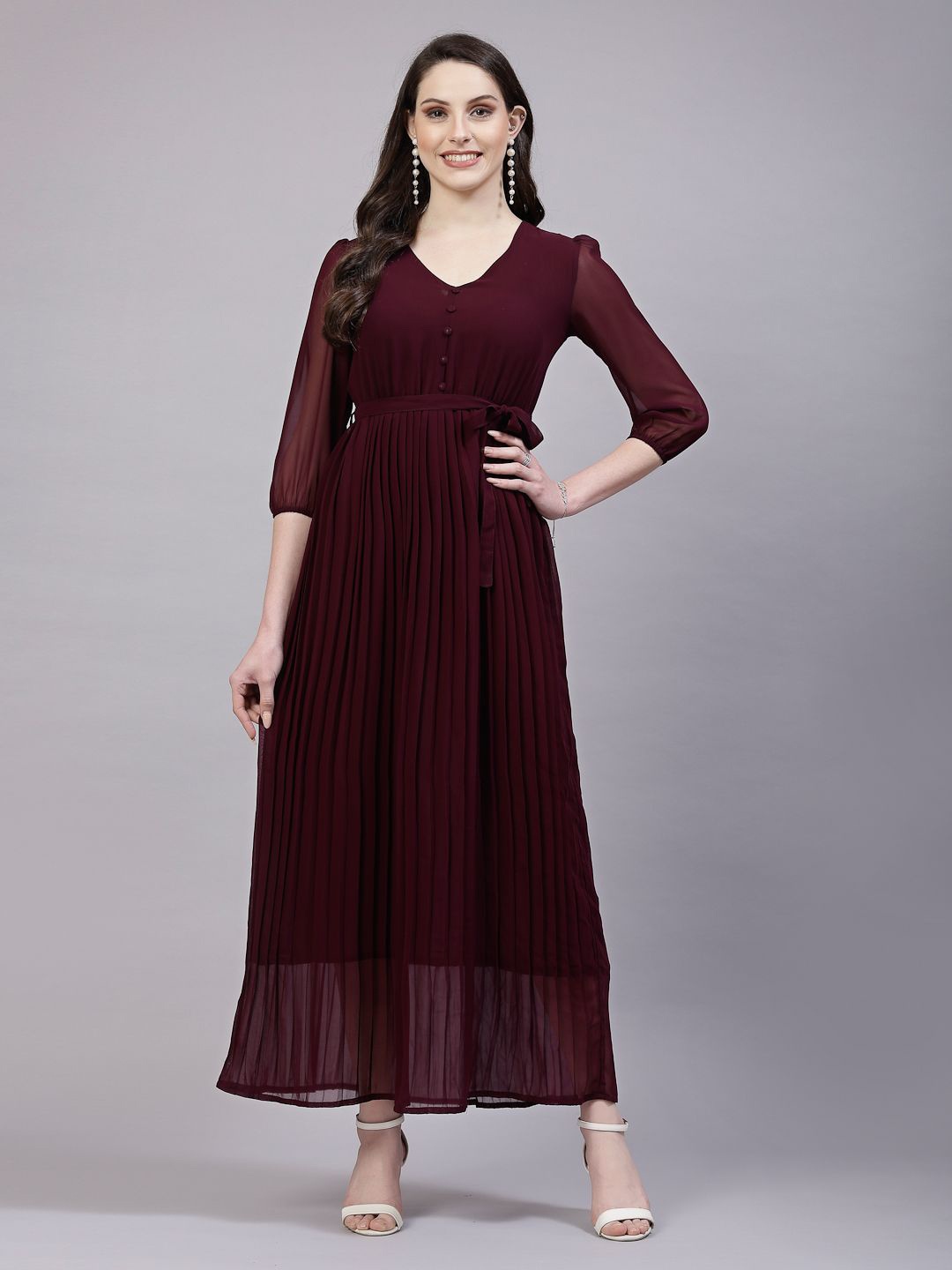 

aayu Puff Sleeve Georgette Fit & Flare Maxi Dress, Purple