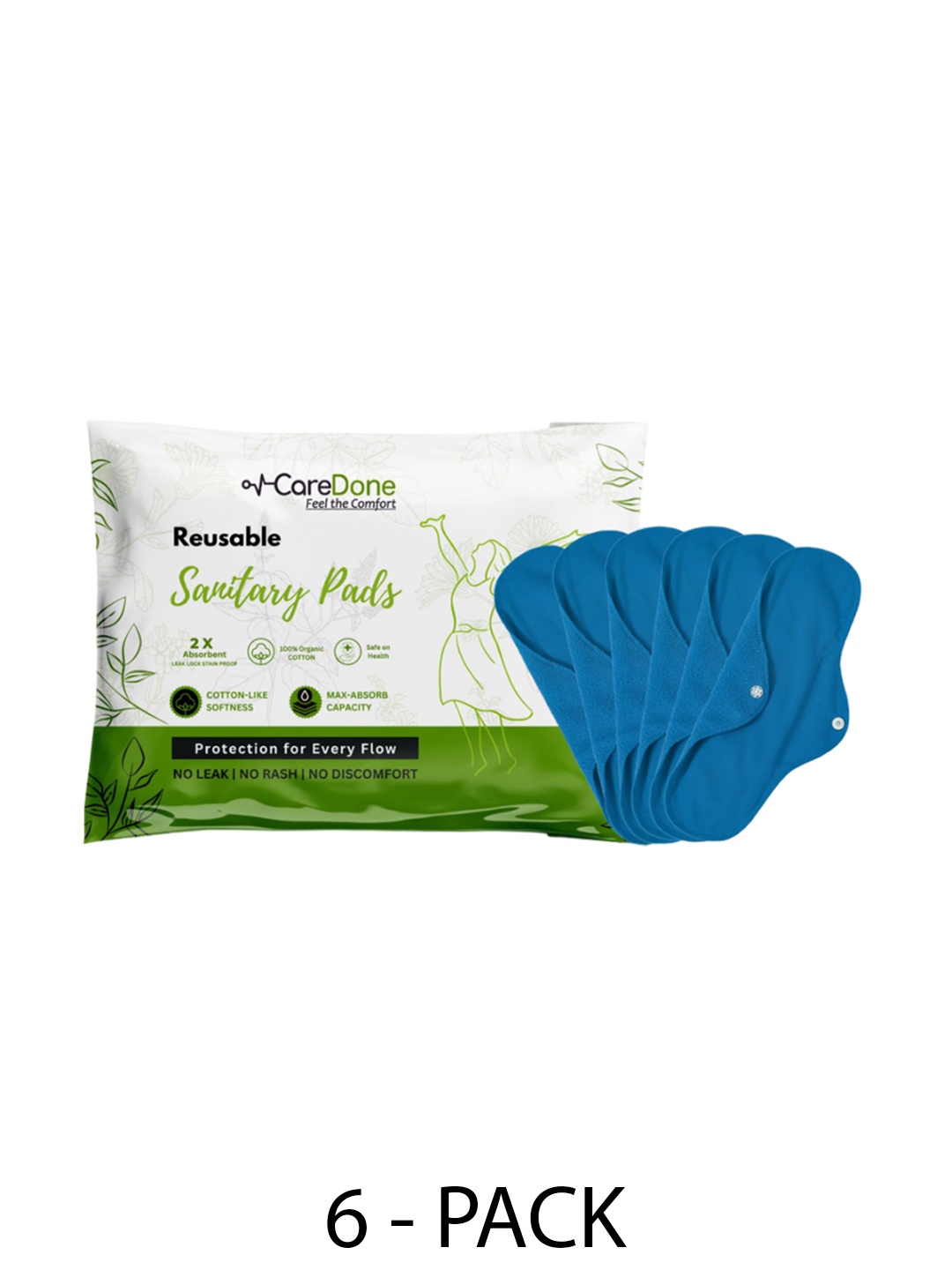 

CareDone Set Of 6 Reusable 100% Organic Cotton Sanitary Cloth Pads - XL, Blue