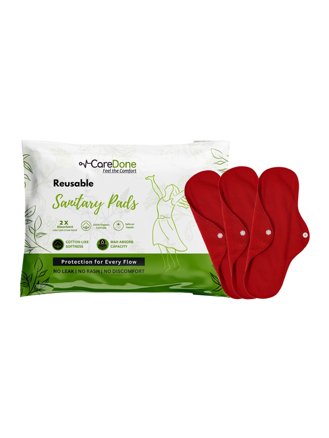 

CareDone Set Of 3 Washable & Reusable Leakproof Pure Organic Cotton Sanitary Cloth Pads-XL, Red