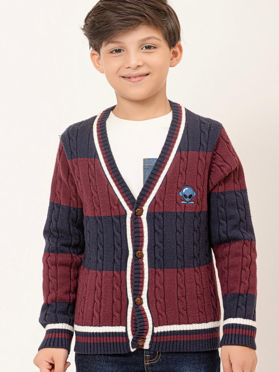 

One Friday Boys Colourblocked Striped Pullover, Navy blue