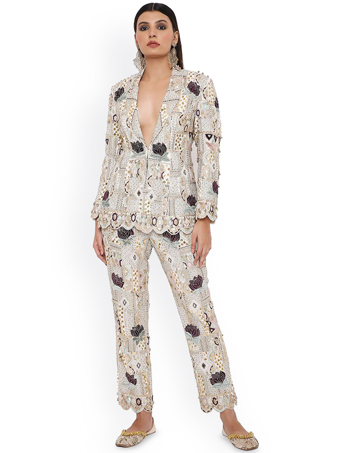 

Payal Singhal Ethnic Motifs Embroidered Notched Lapel Scalloped Blazers, Off white