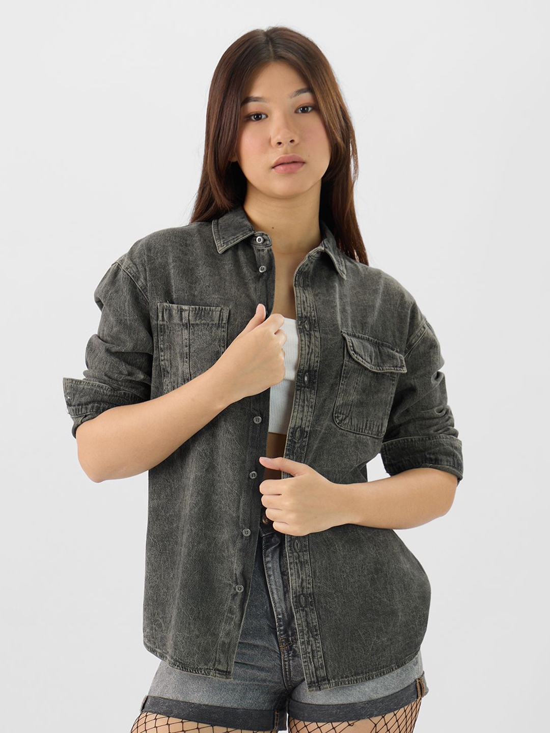 

The Souled Store Women Denim Shirt Casual Shirt, Grey