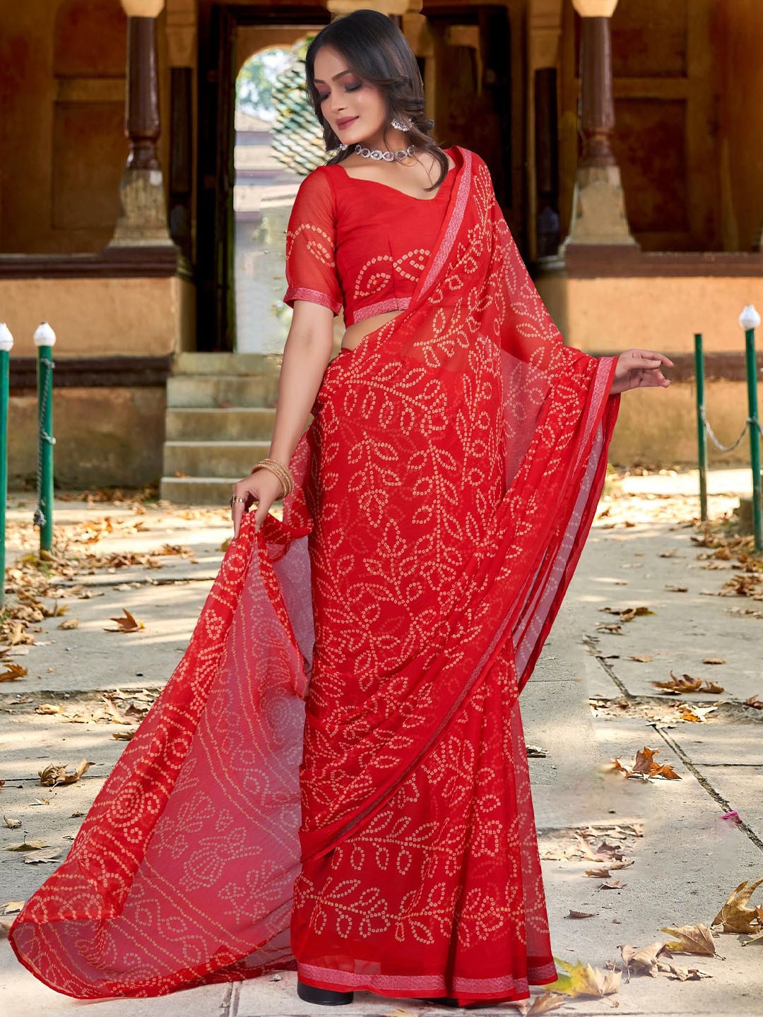 

Kalista Bandhani Pure Chiffon Bandhani Saree, Red