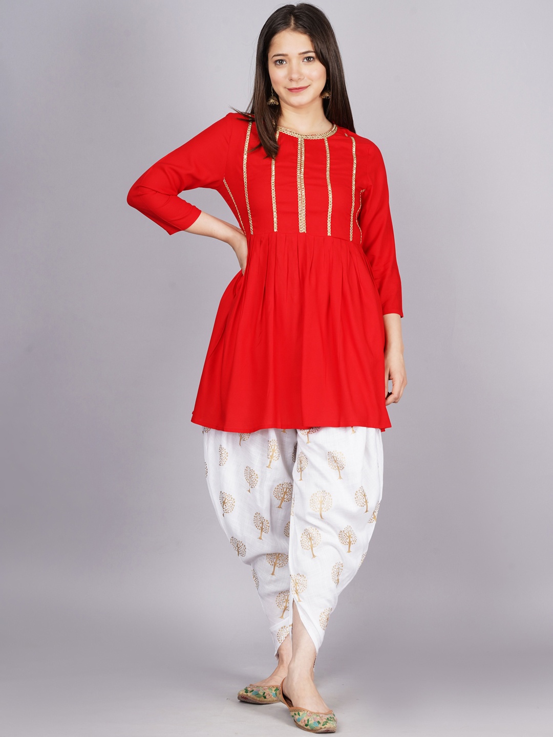 

TFP Women Floral Yoke Design Regular Gotta Patti Kurta with Dhoti Pants, Red