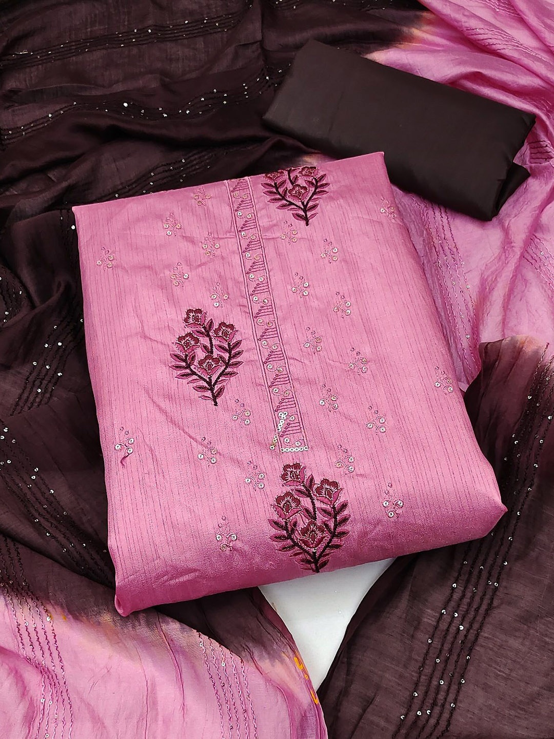 

Aika Thread Work Unstitched Dress Material, Pink
